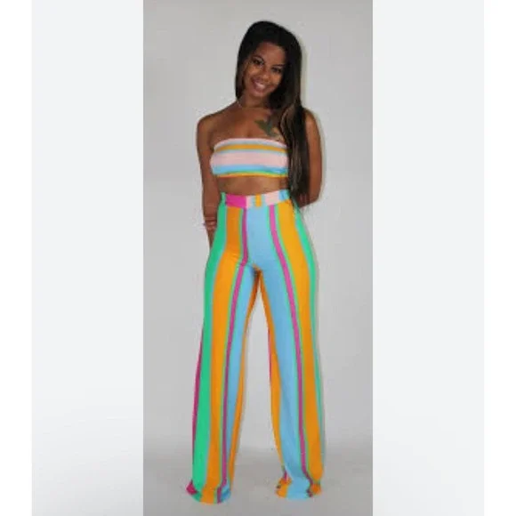 Touchdolls Two Piece Crop Top Bell Bottom Pants Set Size 2 XS Stripe Stretch - Picture 6 of 16